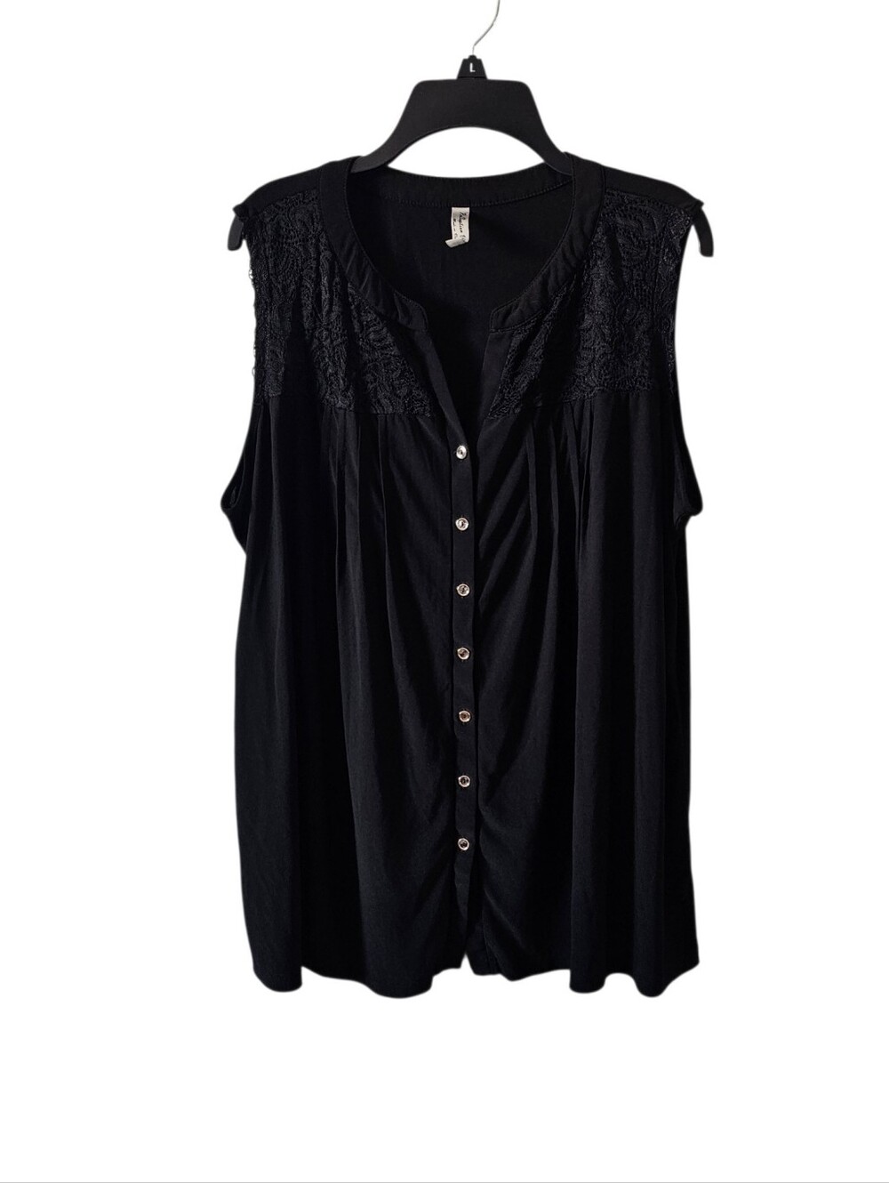 PerSeption Women 2X Black Sleeveless Blouse Stretchy Crochet Lace Button Top